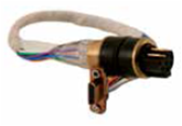 GE strongback electronic pigtail: circular multi-pin connector, multi-colored wires in clear sleeve and braided harness, with bracket-mounted secondary connector